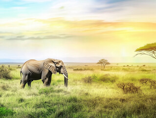 Fototapeta premium Big male elephant with great white ivory tusks on the tall-grass savannah
