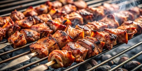 Grilled skewers of spiced meat on charcoal grill reflected