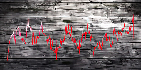 Stock Price Fluctuations: Red Line Graphs on Rustic Wood Plank