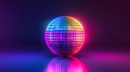 A neon rainbow disco ball glowing with vibrant colors on a black background