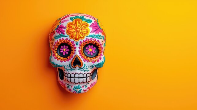 Vibrant sugar skull adorned with colorful floral patterns, symbolizing life and death in Mexican culture, set against an orange background.