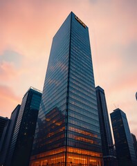 Obraz premium Modern Glass Skyscraper at Sunset: Pinkish-Orange Cityscape