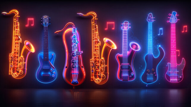 Neon musical instruments glowing vividly against a black background, showcasing their vibrant colors and intricate details, creating a dynamic and eye-catching visual effect.