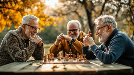 Fototapeta na wymiar Three men are playing chess in a park