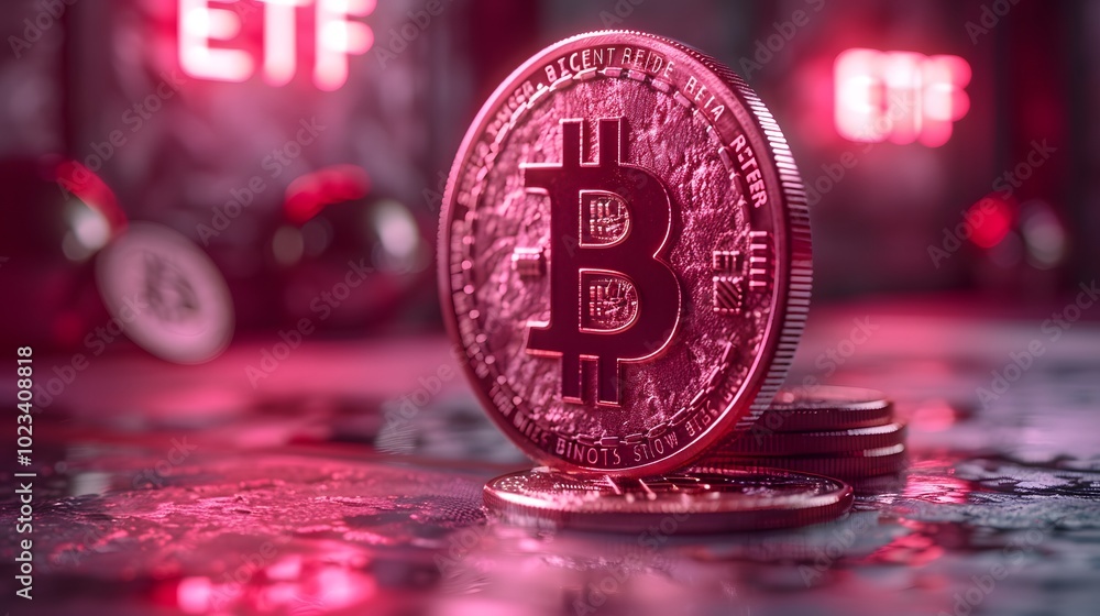 Poster a shiny bitcoin coin is displayed prominently in a futuristic setting with red, glowing etf text in 