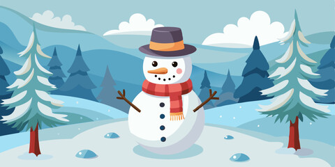 A cheerful snowman stands in a snowy winter landscape, surrounded by pine trees and a hint of blue sky. Perfect for bringing a touch of winter magic to your holiday designs.