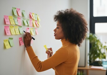 Young Woman Writing on Sticky Notes on Whiteboard