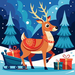 A cheerful reindeer pulls a sleigh loaded with presents, set against a snowy winter landscape. The illustration features a festive blue and red color scheme.
