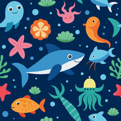 A cheerful and colorful underwater pattern featuring playful sea creatures and coral. Perfect for children's products, fabric design, or any project that needs a touch of ocean charm.