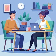 A colorful illustration of two colleagues working together at a desk, showcasing teamwork, collaboration, and modern office life. The image features a man and a woman using laptops.