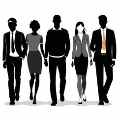 Silhouettes of five business professionals walking together, representing a team, collaboration, or a successful business journey.