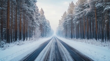 Obraz premium Snowy road through a winter forest landscape