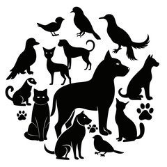 A black and white silhouette illustration featuring various animals including birds, cats, and dogs. This graphic is perfect for pet-related projects, wildlife designs.