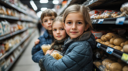 Children shopping for groceries, holding snacks and smiling happily