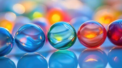A macro shot of colored glass marbles arranged artistically, showcasing their smooth surfaces and vibrant hues in a blurred background