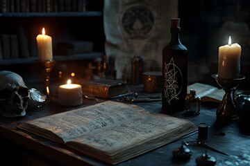 Ancient Spellbook And Ritual Objects In A Mysterious Candlelit Setting, Featuring Occult Symbols And Arcane Artifacts. Generative AI