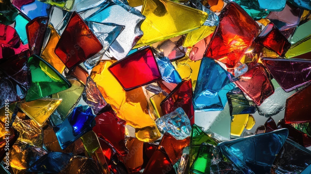 Poster a macro view of colored glass fragments scattered on a surface, reflecting light in an explosion of 