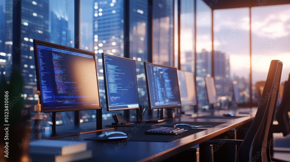 Poster a modern office space with multiple monitors displaying code at sunset.