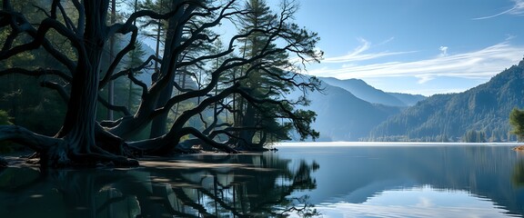 Serene Lake Landscape with Reflected Trees & Majestic Mountains (21:9)