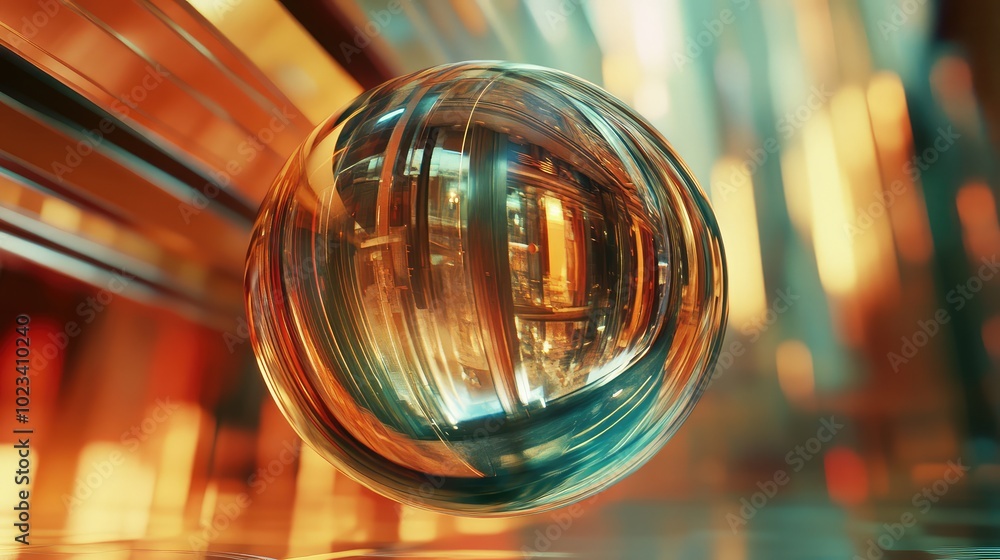Poster an abstract close-up of a glass orb, focusing on the reflections and distortions it creates of the s