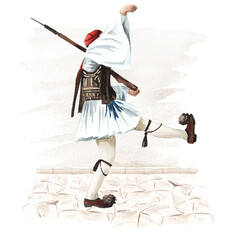 Greek Evzone Guard, Mediterranean, Greece. Hand drawn watercolor illustration isolated on white background