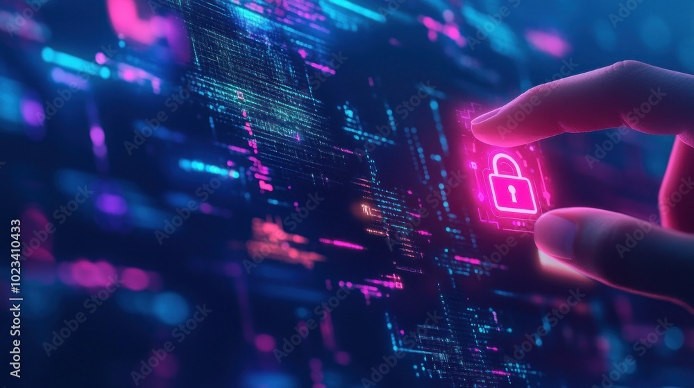 Poster grasping a glowing lock icon with digital matrix backdrop