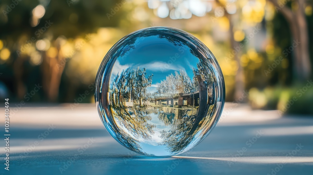 Poster an abstract close-up of a glass orb, focusing on the reflections and distortions it creates of the s