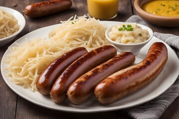 A plate of german bratwurst sausages served with sauerkraut and a side of mustard, Ai Generated