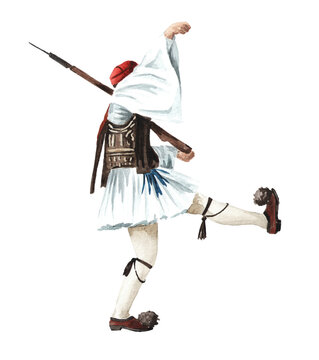 Greek Evzone Guard, Mediterranean, Greece, Hand drawn watercolor illustration isolated on white background