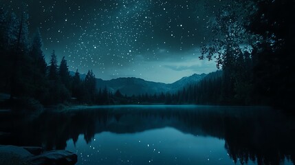 Starry night over tranquil lake and mountains