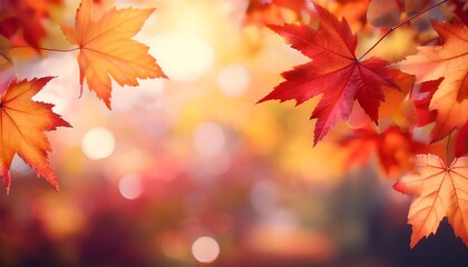 Vibrant autumn web banner featuring red and yellow maple leaves against a blurred background of fall colors. Generative AI