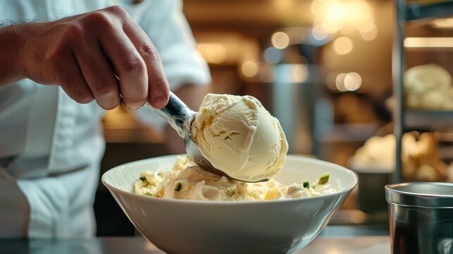Chef Scooping Ice Cream from a Bowl
