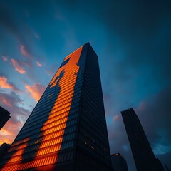 Modern Glass Skyscraper Cityscape at Sunset with Golden Facade