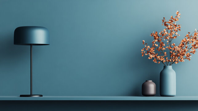 A modern lamp and vase with orange branches on a teal shelf.