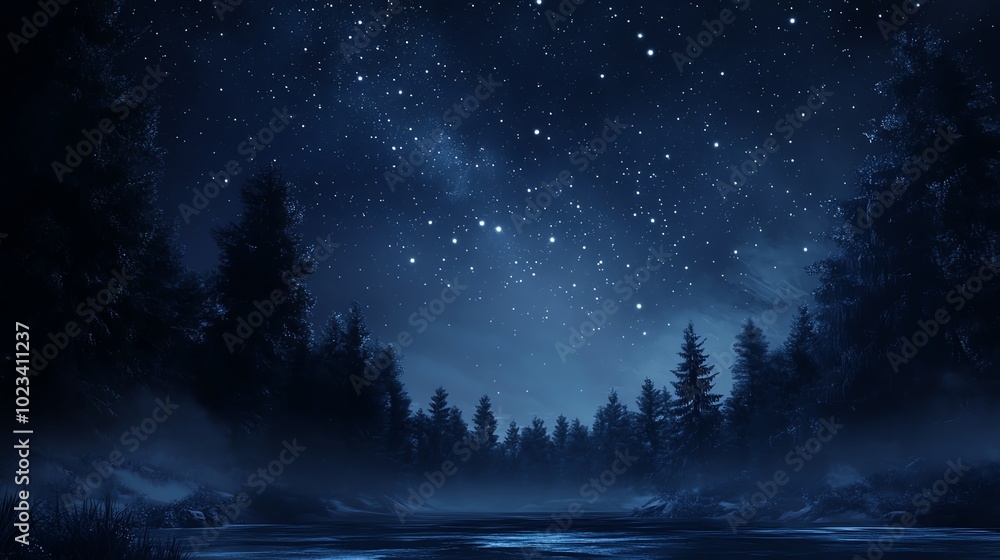 Wall mural starry night sky over tranquil forest lake