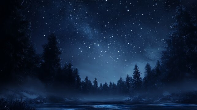 Starry night sky over tranquil forest lake