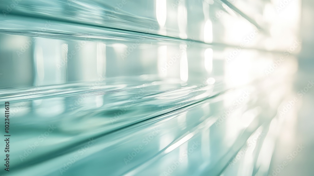 Poster an abstract close-up of a smooth glass surface with ripples, capturing light reflections and soft di