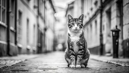 Obraz premium Grown up black and white street kitten captured in forced perspective