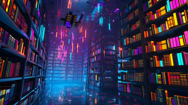 Metaverse pixel library, 8-bit floating books, digital librarian AI, blockchain book tracking, retro text adventure aesthetic, virtual reading rooms, arcade knowledge quests - Powered by Adobe
