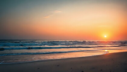 Fototapeta premium Serene Beach Sunset at Golden Hour - Tranquil Ocean Waves & Seagulls Flying