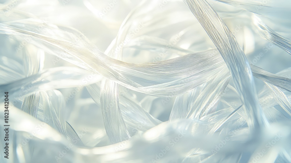 Poster an abstract image of glass fibers intertwined, capturing light in a soft focus and creating an ether