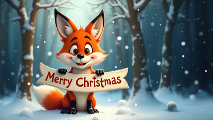 Merry Christmas message.  Cute fox in snowy meadow. Concept of whimsical animals showing banner with text. Copy space.