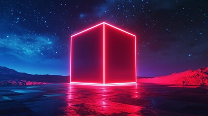 A glowing neon cube illuminated under a starry sky at night in a remote desert landscape with vibrant blue and red light contrasts