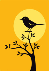 Fototapeta premium Bird on a Tree: Artistic Minimalist Illustration with a Sunny Accent.