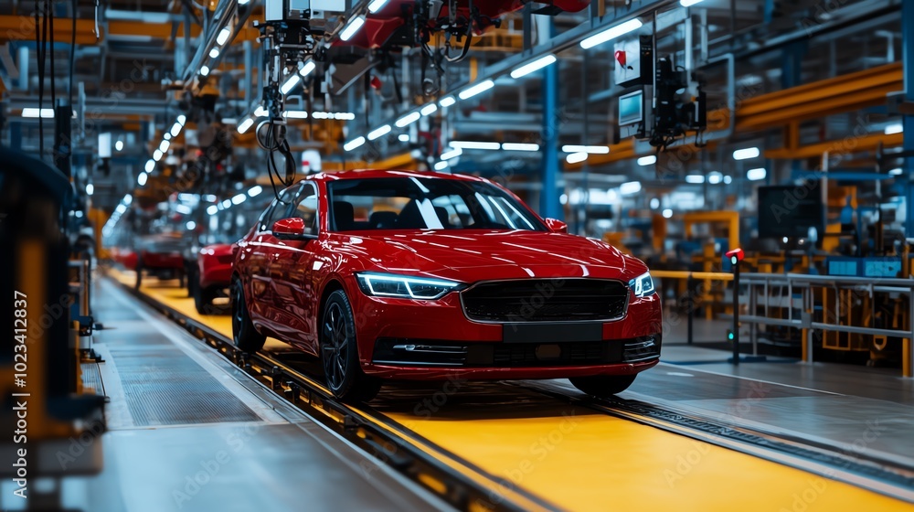 Poster a vibrant red car progresses through an automated production line in a modern factory, showcasing th