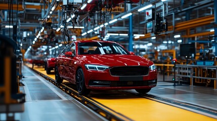 Fototapeta premium A vibrant red car progresses through an automated production line in a modern factory, showcasing the future of automotive manufacturing.