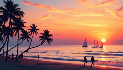 Tranquil Sunset Beach Stroll Couple Silhouette Palm Trees Sailboats