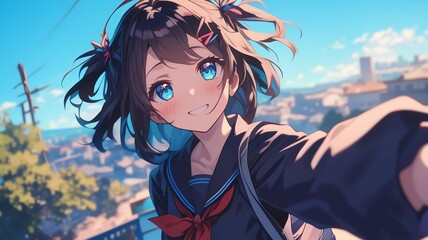 自撮りをするアニメ調の日本人美少女
