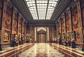 Fototapeta premium Opulent Art Museum Hallway with Stained Glass & Sculptures - Cultural Treasure