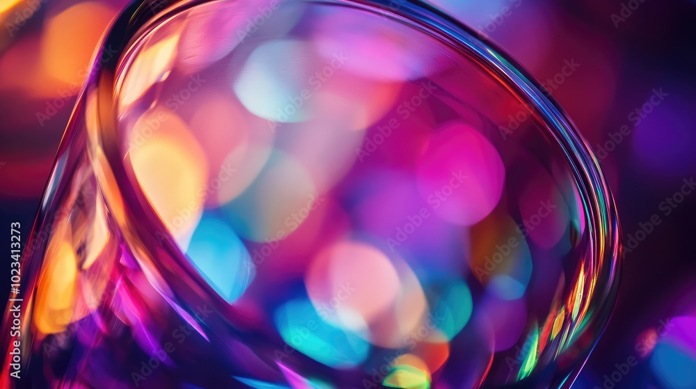 Poster a close-up of a glass lens with light refracting through it, creating a spectrum of colors and fasci